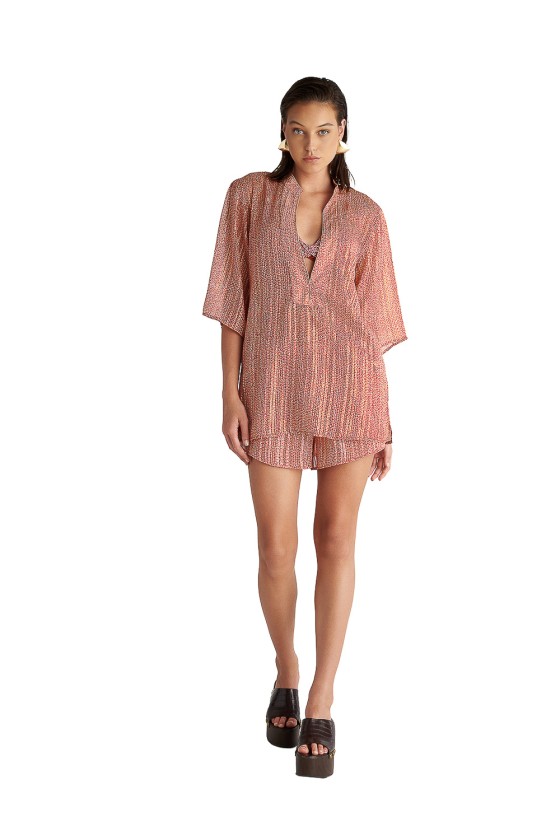 'BRONZE PIXEL' PRINTED MINI DRESS/KAFTAN IN 'V' NECKLINE