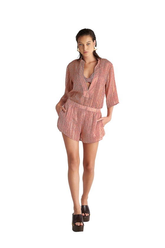 'BRONZE PIXEL' SEMI-SHEER BEACH SHORTS WITH PRINT